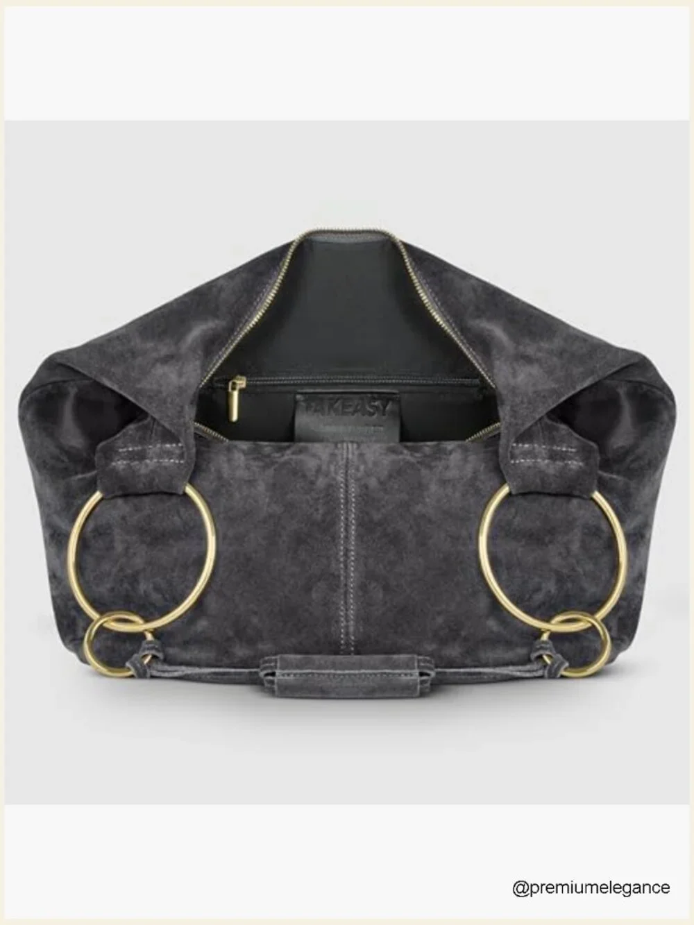 Italian Suede Hobo Bag with Zippered Closure and Ring Hardware, Large Shoulder
